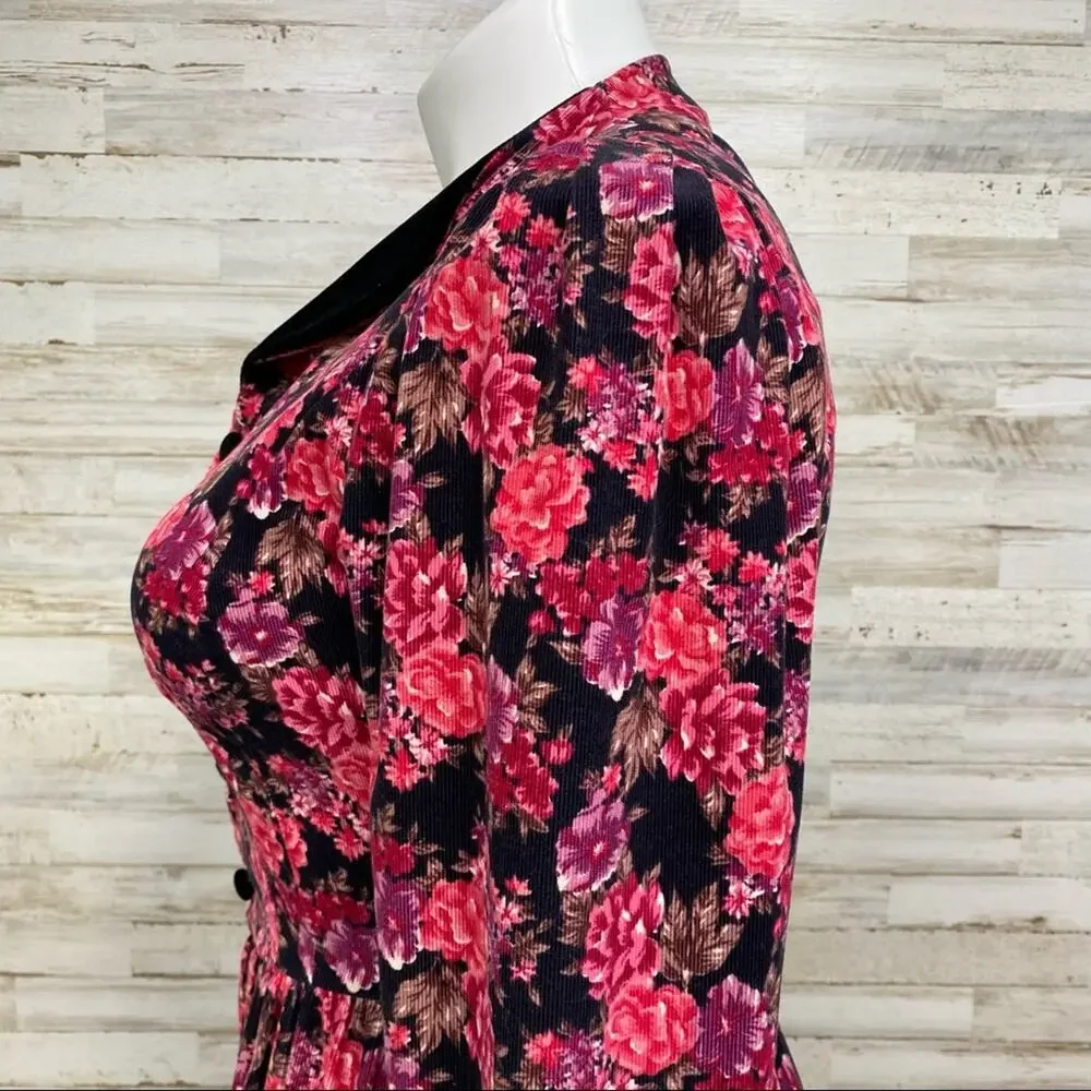 Laura Ashley Vintage Floral Corduroy Dress Womens Size 10 Pink Black Velvet Trim - Picture 7 of 16